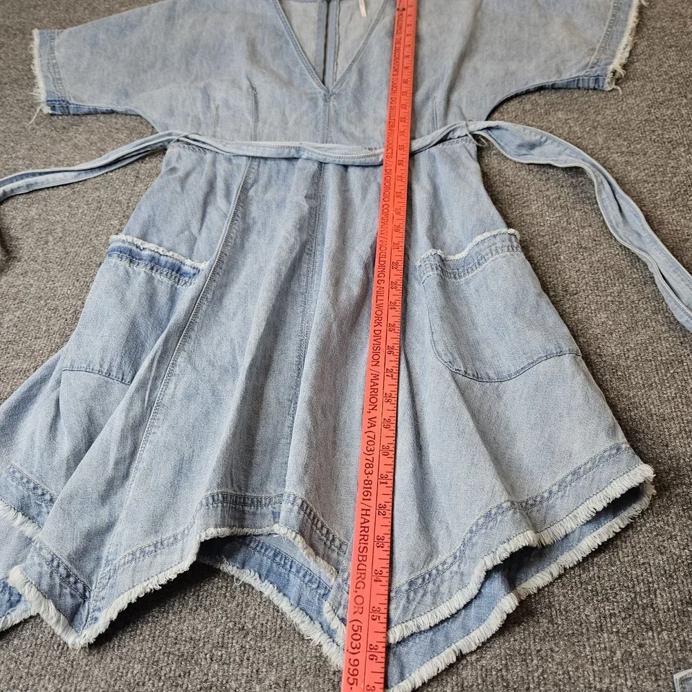 Free People Denim Asymmetrical Hem Mini Dress Size 4 Belted Dolman Sleeve Deep V
